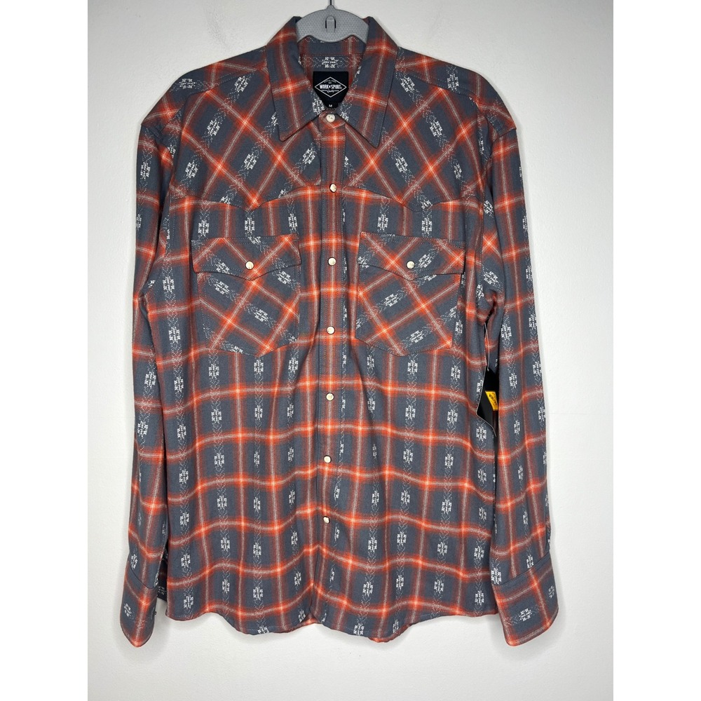 NWT Work n Sport Western Snap Flannel Shirt Orange Gray Plaid Southwestern Men M